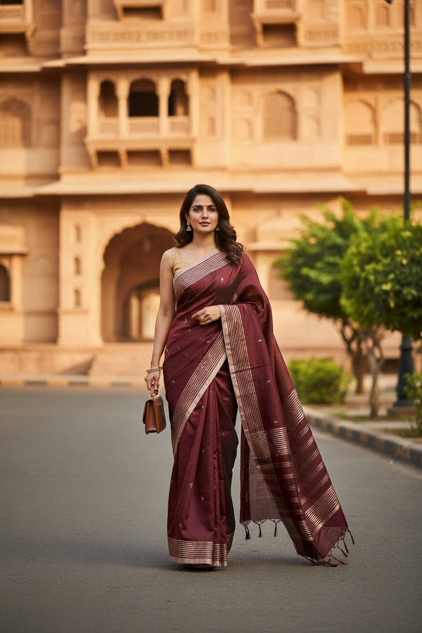 Woman in a traditional saree standing in front of an architectural building