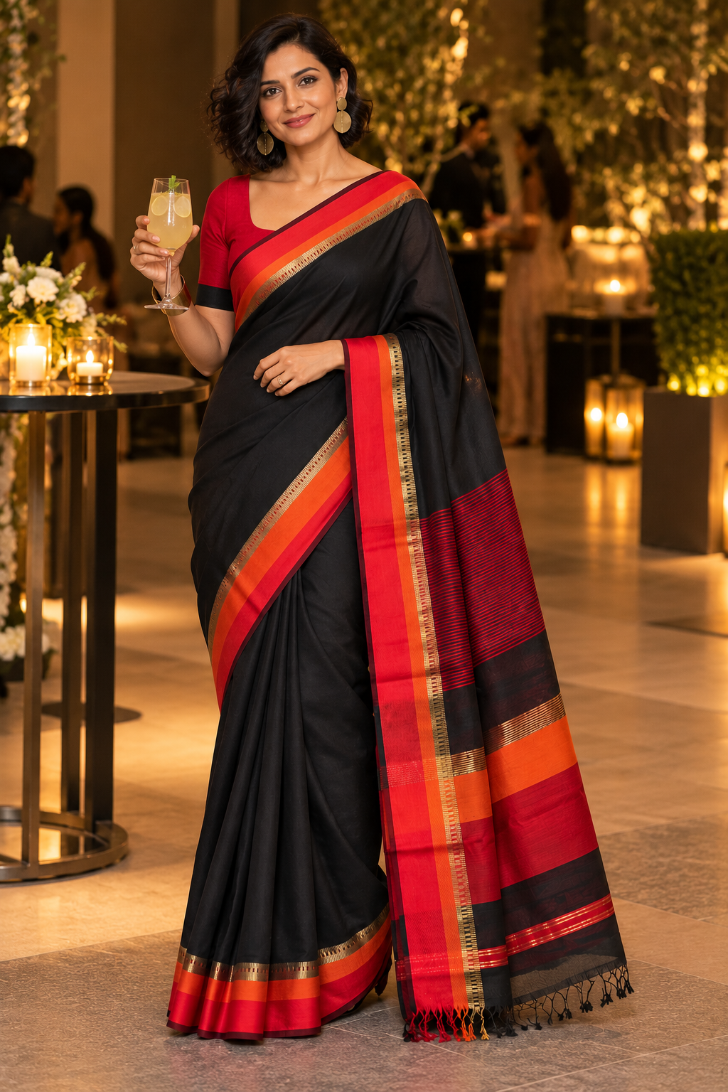 Black Maheshwari saree with red , orange and gold zari border