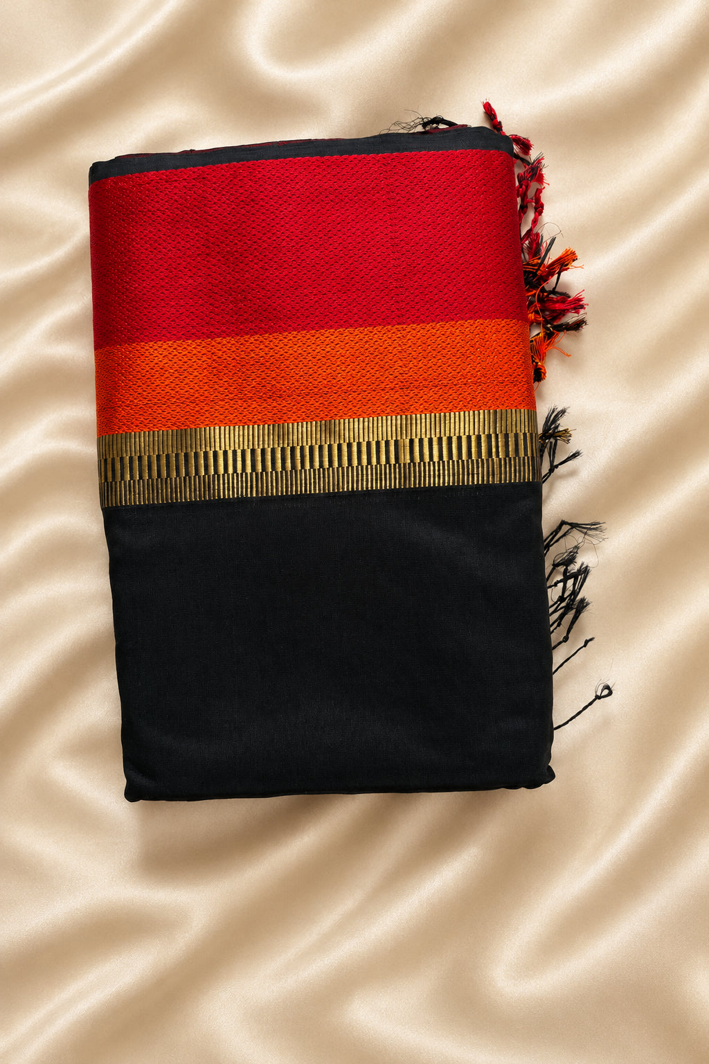 Black Maheshwari saree with red , orange and gold zari border