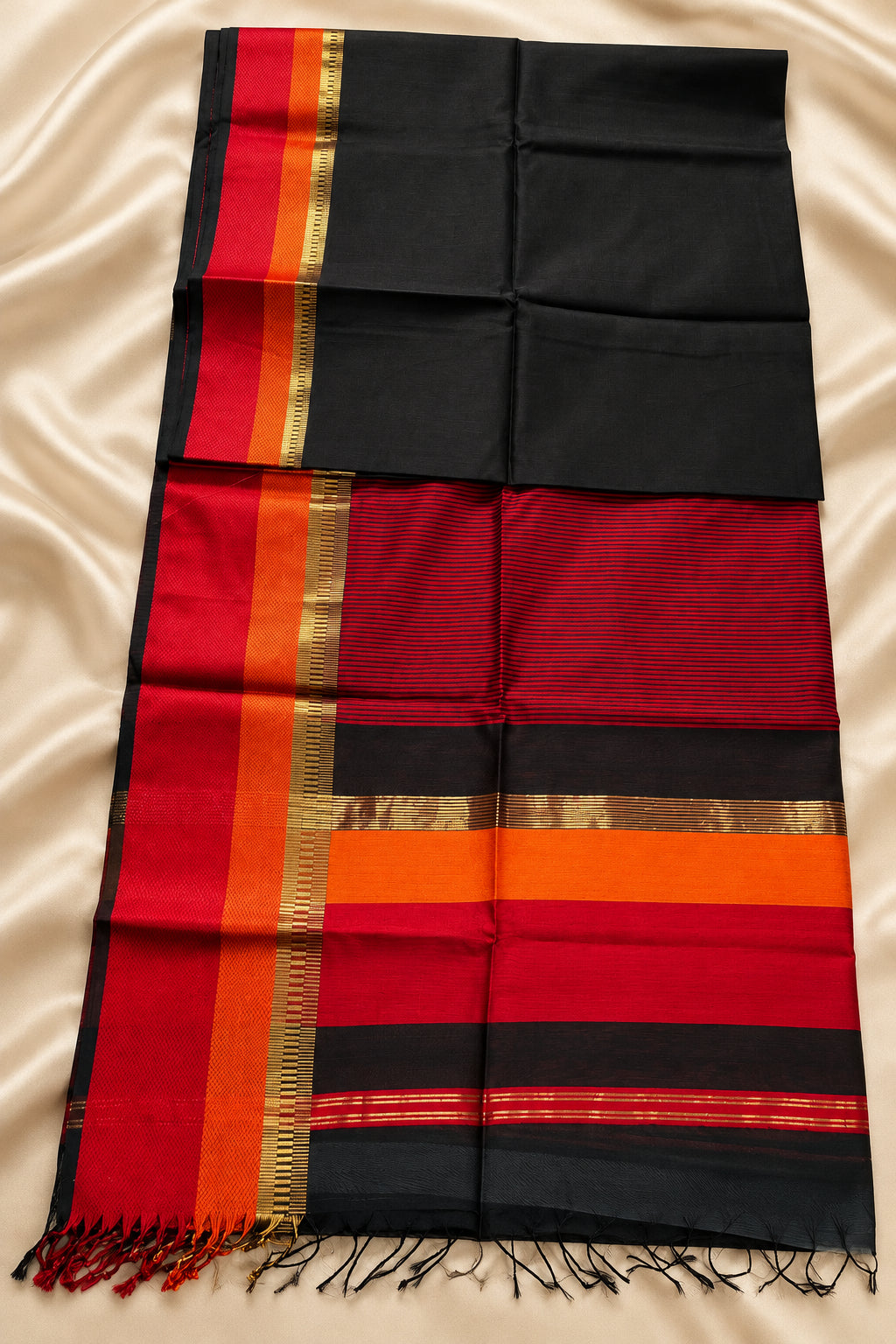 Black Maheshwari saree with red , orange and gold zari border